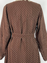 Load image into Gallery viewer, Original 1930s Brown and Cream Crepe Belted Polka Dot Dress with Lace and Chiffon Collar - Bust 34 35