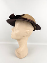 Load image into Gallery viewer, Original 1930's Two Tone Straw Hat with Brown Satin Ribbon Trim *