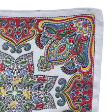 Load image into Gallery viewer, Original 1940's or 1950's Crepe Hankie in Red, Blue, Yellow and Green on a White Base - Great Gift Idea