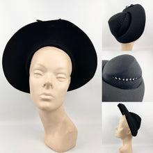 Load image into Gallery viewer, Original 1940s Black Felt Bonnet Hat with Bow Trim and Cut Out Detail