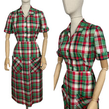 Load image into Gallery viewer, Original 1930's 1940's Fine Cotton Plaid Dress in Red, White and Green - Bust 36 38