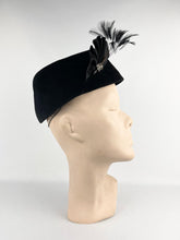 Load image into Gallery viewer, Original 1940s Black Velvet Military Inspired Hat with Paste and Feather Trim