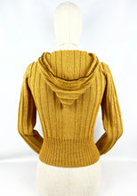 Load image into Gallery viewer, 1930's Reproduction Hand Knitted Long Sleeved Hooded Cardigan in Mustard Alpaca Wool With Novelty Hat Buttons - Bust 34 35