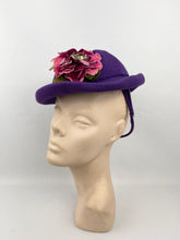 Load image into Gallery viewer, Original 1940s Rich Purple Felt Hat with Cerise Pink Velvet Flower Trim *