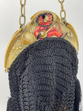 Load image into Gallery viewer, Original 1920's French Made Antique Crochet Bag with Celluloid Frame Decorated with Pierrot, Owls and Musical Instruments