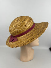 Load image into Gallery viewer, Original 1930's Wide Brimmed Straw Hat with Dusky Pink Grosgrain Trim - Wounded But Wearable
