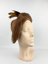 Load image into Gallery viewer, Original 1930s Brown Felt Hat with Net and Feather Trim