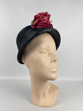 Load image into Gallery viewer, Original Navy Blue Straw Hat by Webflex with Huge Double Rose Trim