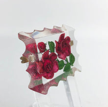 Load image into Gallery viewer, Original 1940s 1950s Reverse Carved Lucite Brooch with Scalloped Edge and Bright Pink Roses