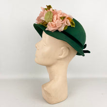 Load image into Gallery viewer, Original 1950's Forest Green Hat with Beautiful Pink Floral Trim - Jolly & Son Ltd Bath