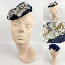 Load image into Gallery viewer, Original 1940's Blue Felt Topper Hat with Net and White Floral Trim *