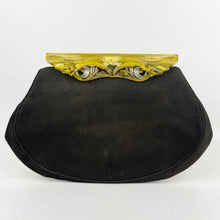 Load image into Gallery viewer, Original 1940's American Made Black Fabric Bag with Huge Chunky Apple Juice Bakelite Clasp *
