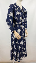 Load image into Gallery viewer, Original 1930s Navy and White Silk Volup Floral Print Dress with Bow Tie Neck - Bust 40 42