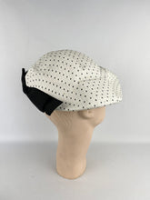 Load image into Gallery viewer, Original 1950s White and Black Straw Hat with Fabulously Shaped Crown and Bow Trim *