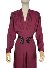 Load image into Gallery viewer, Original 1940's Burgundy Satin Backed Crepe Sequined Evening Dress with Tie Belt by Crompton Perry - Bust 38 40 42