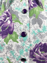 Load image into Gallery viewer, 1940's Reproduction Floral Print Blouse with Large Purple Roses and Grey Buttons Made From and Original 1940's Feed Sack - Bust 34" 35"