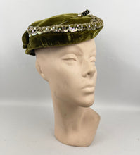 Load image into Gallery viewer, Original 1950’s Green Velvet Evening Hat with Matching Hat Pin - Pretty Sequin Trim