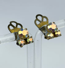 Load image into Gallery viewer, Tiny Vintage Aurora Borealis Triple Stone Clip-on Earrings