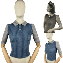 Load image into Gallery viewer, Reproduction 1940’s Hand Knitted Two-Tone Rib Jumper in Grey and Blue with a Neat Collar - Bust 34 36 38 40 42 *