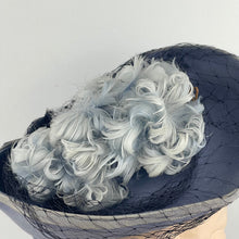 Load image into Gallery viewer, Original 1940's Lavender Blue Felt Tilt Hat with Fluffy Feather and Net Trim - Divine Piece