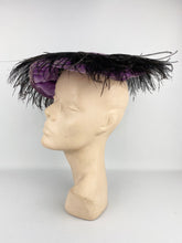 Load image into Gallery viewer, Fabulous Original 1950s Platter Hat in Purple Velvet with Black Ostrich Feather Trim