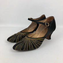 Load image into Gallery viewer, Original 1930s Black Satin Dance Shoes with Gold Trim and Paste Buckle Size 3 3.5