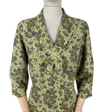 Load image into Gallery viewer, Original 1940s Volup Day Dress in Chartreuse with Black and White Print - Bust 40 42 44 *