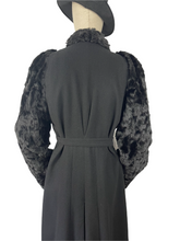 Load image into Gallery viewer, RESERVED FOR SAM Incredible Original 1930s Black Belted Wool Coat with Faux Fur Sleeves - Bust 34 35 36