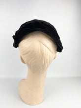 Load image into Gallery viewer, Original 1950s Black Velvet Half Hat with Leaf Trim and Silver Sequin Decoration