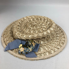 Load image into Gallery viewer, 1940's Cream Lacquered Frances Adams Raffia Hat with Pale Blue Floral Trim *