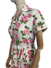 Load image into Gallery viewer, Original 1950's St Michael Marspun White Floppy Cotton Dress with Pink Rose Print Bust 36