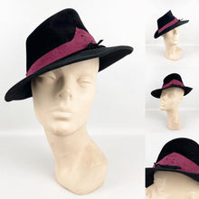 Load image into Gallery viewer, Original 1930's Black Fur Felt Fedora with Burgundy Coloured Suede Trim *