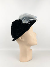 Load image into Gallery viewer, 1930s Black Velvet Hat with Ice Blue Feather Trim and Bow