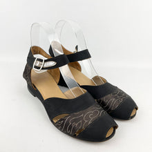 Load image into Gallery viewer, Original 1940's CC41 Black Fabric Wedges with Fabulous Metallic Silver Trim - UK 4.5 5
