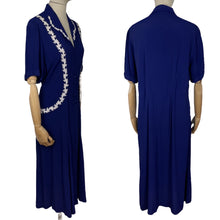 Load image into Gallery viewer, Original 1940's French Navy Crepe Day Dress with White Applique Trim - Bust 44