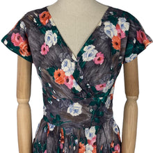Load image into Gallery viewer, Original 1950's Grey Floral Crinkle Crepe Dress with Crossover Front - Bust 34 36 *