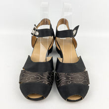 Load image into Gallery viewer, Original 1940's CC41 Black Fabric Wedges with Fabulous Metallic Silver Trim - UK 4.5 5