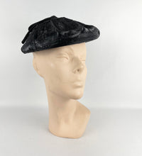 Load image into Gallery viewer, Original 1950's Shiny Black Straw Petal Hat with Grosgrain Bow Trim *