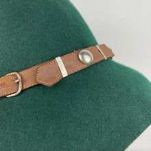 Load image into Gallery viewer, Original 1930's or 1940's French Forest Green Felt Hat with Leather Trim and Buckles