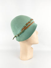 Load image into Gallery viewer, Original 1920’s Soft Green Felt Cloche with Chocolate Brown Velvet Ribbon Trim