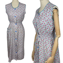 Load image into Gallery viewer, Original 1940's Floral Cotton Sleeveless Chore Dress in Blue, Red, Green and White - Bust 36 37 38