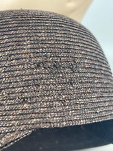 Load image into Gallery viewer, Original 1930s Brown Straw Cloche Hat with Rust Coloured Polka Dot Ribbon Trim and Metal Feather Trim