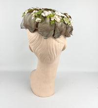 Load image into Gallery viewer, Original 1950's Petal Hat in Brown with Cream Flowers and Velvet Bow Trim