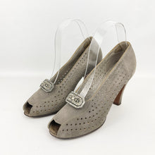 Load image into Gallery viewer, Original 1940's Grey Suede Peep-toe Shoes with Paste Clips and Punch Detail - UK 4