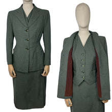 Load image into Gallery viewer, Original 1940's Green and Cream Three Piece Suit - Jacket, Skirt and Neat Little Waistcoat - Bust 36 37 38
