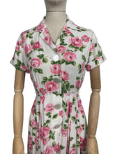 Load image into Gallery viewer, Original 1950's St Michael Marspun White Floppy Cotton Dress with Pink Rose Print Bust 36