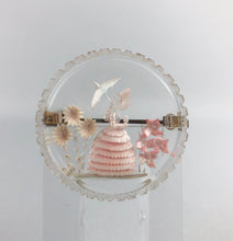 Load image into Gallery viewer, Original 1940s Circular Reverse Carved Lucite Brooch with Crinoline Lady and Flowers