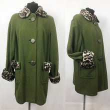 Load image into Gallery viewer, 1950s Green Wool Coat with Faux Fur Leopard Print Trim 38 40 42