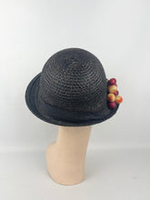 Load image into Gallery viewer, Original 1930s Black Straw Cloche Hat with Charming Cherry Trim