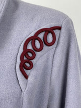 Load image into Gallery viewer, REPRODUCTION 1940s Blue Wool Coat with Burgundy Soutache Trim and Tie Belt - Bust 40 42